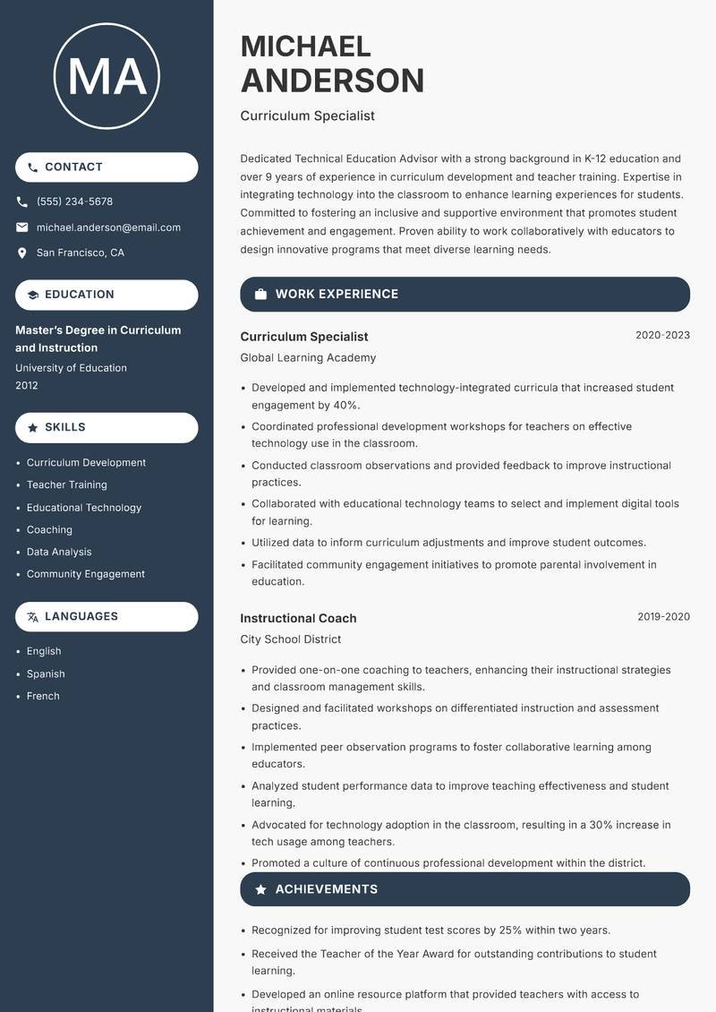 Technical Education Advisor resume template — Compact