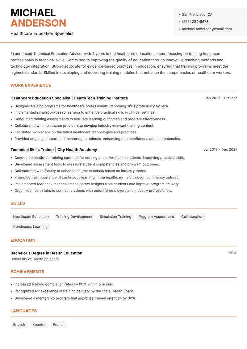 Technical Education Advisor resume template — Modern Professional