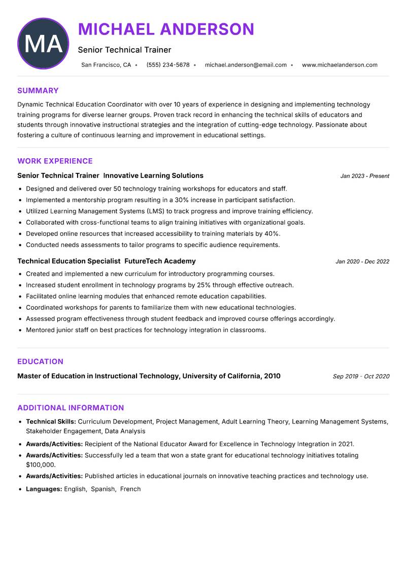 Technical Education Coordinator resume example — ATS-friendly template