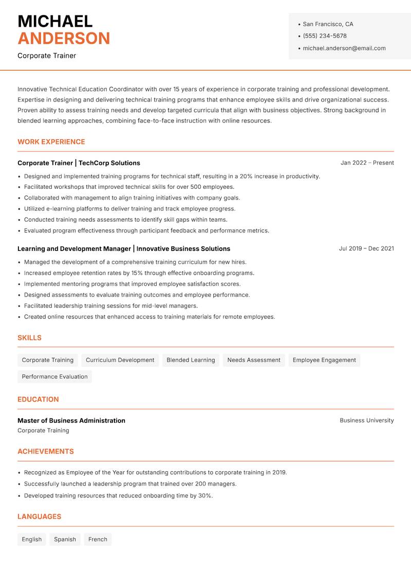 Technical Education Coordinator resume template — Modern Professional