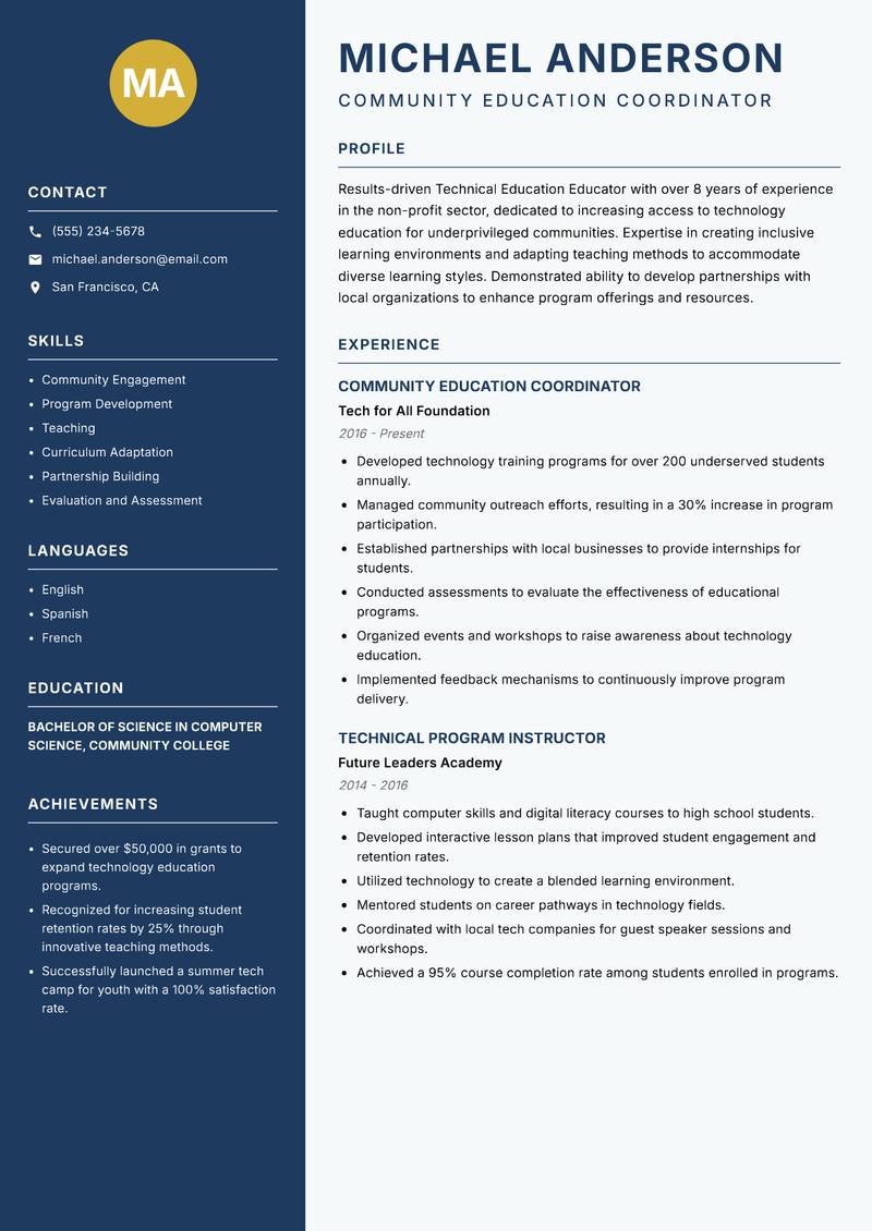 Technical Education Educator resume template — Classic Clean