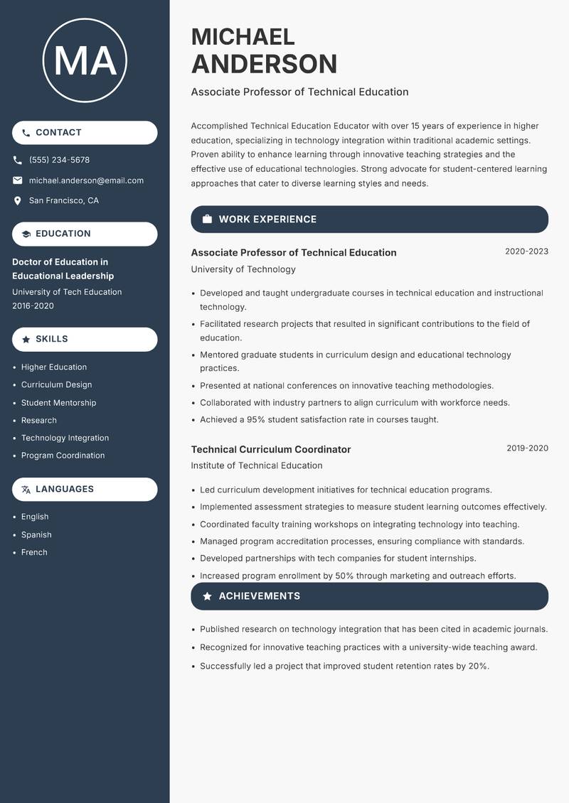 Technical Education Educator resume template — Compact