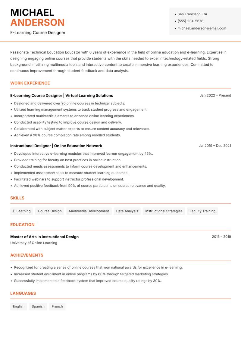 Technical Education Educator resume template — Modern Professional