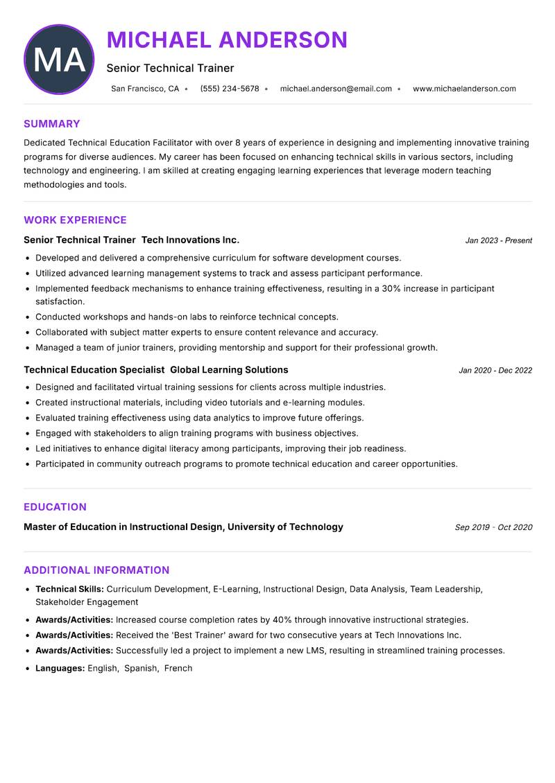 Technical Education Facilitator resume example — ATS-friendly template