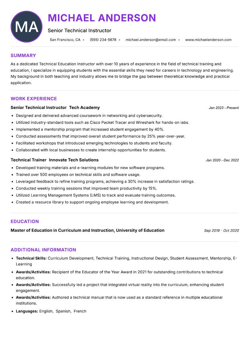 Technical Education Instructor resume example — ATS-friendly template