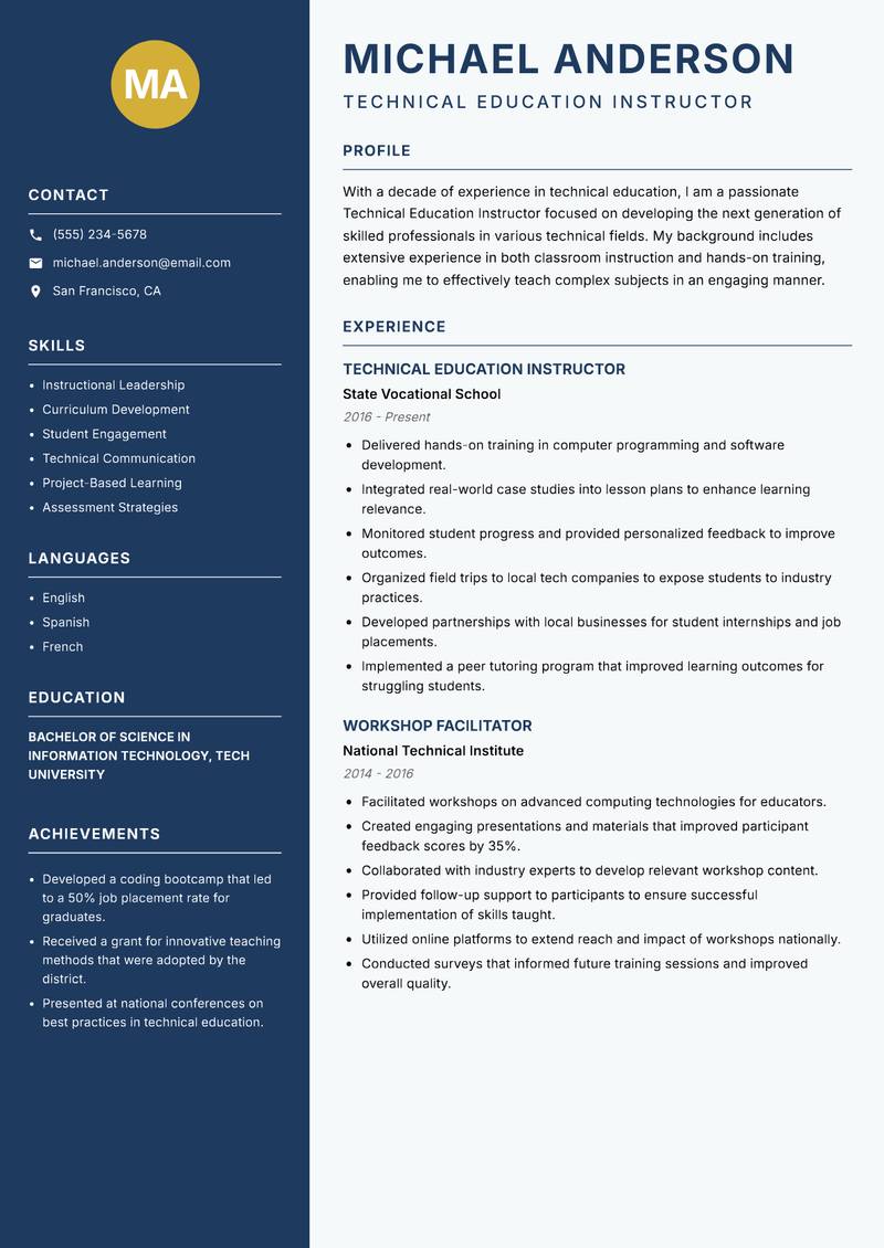 Technical Education Instructor resume template — Classic Clean