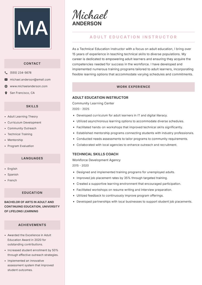 Technical Education Instructor resume template — Executive