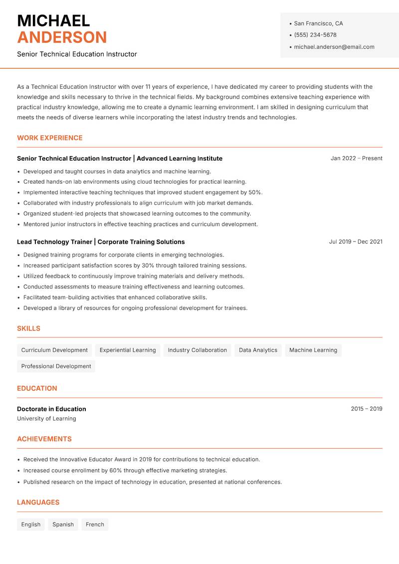 Technical Education Instructor resume template — Modern Professional