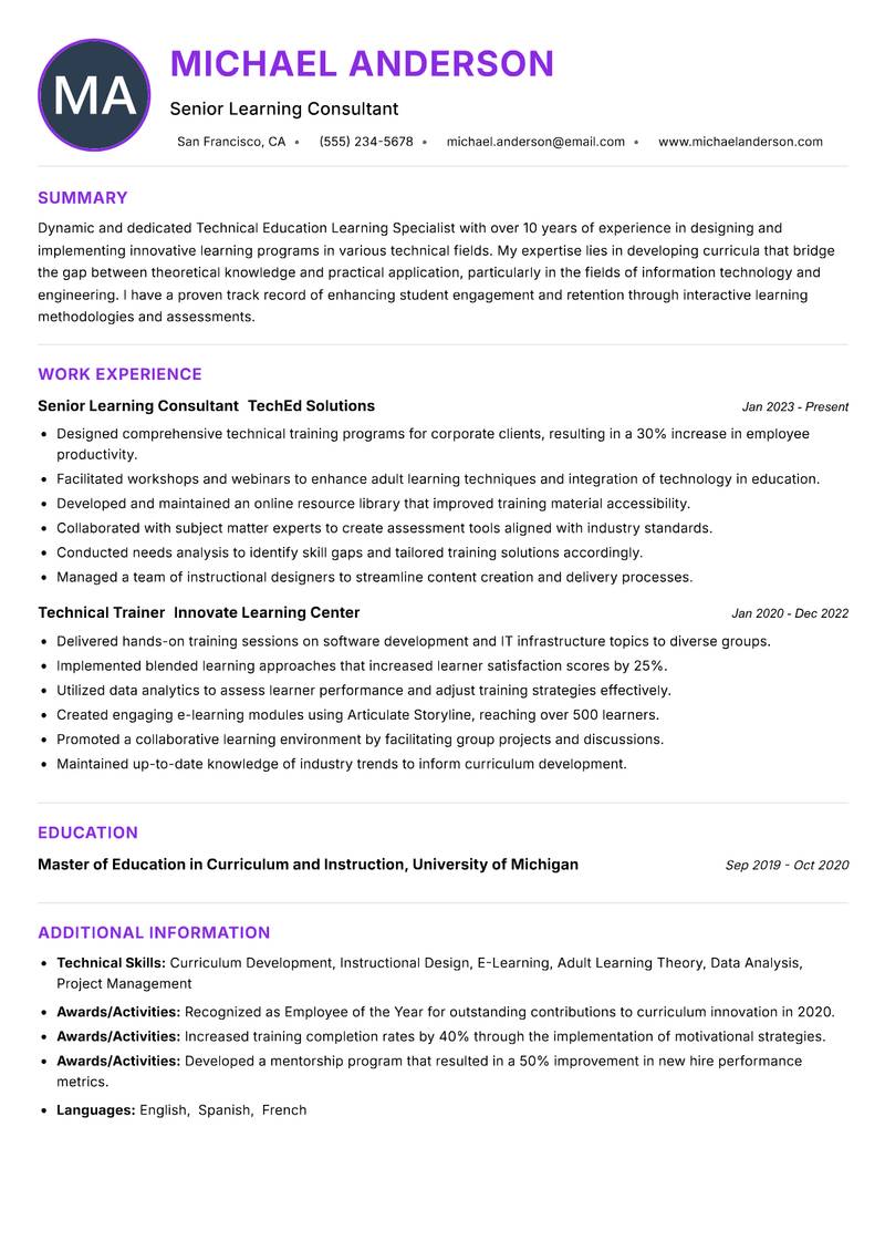 Technical Education Learning Specialist resume example — ATS-friendly template