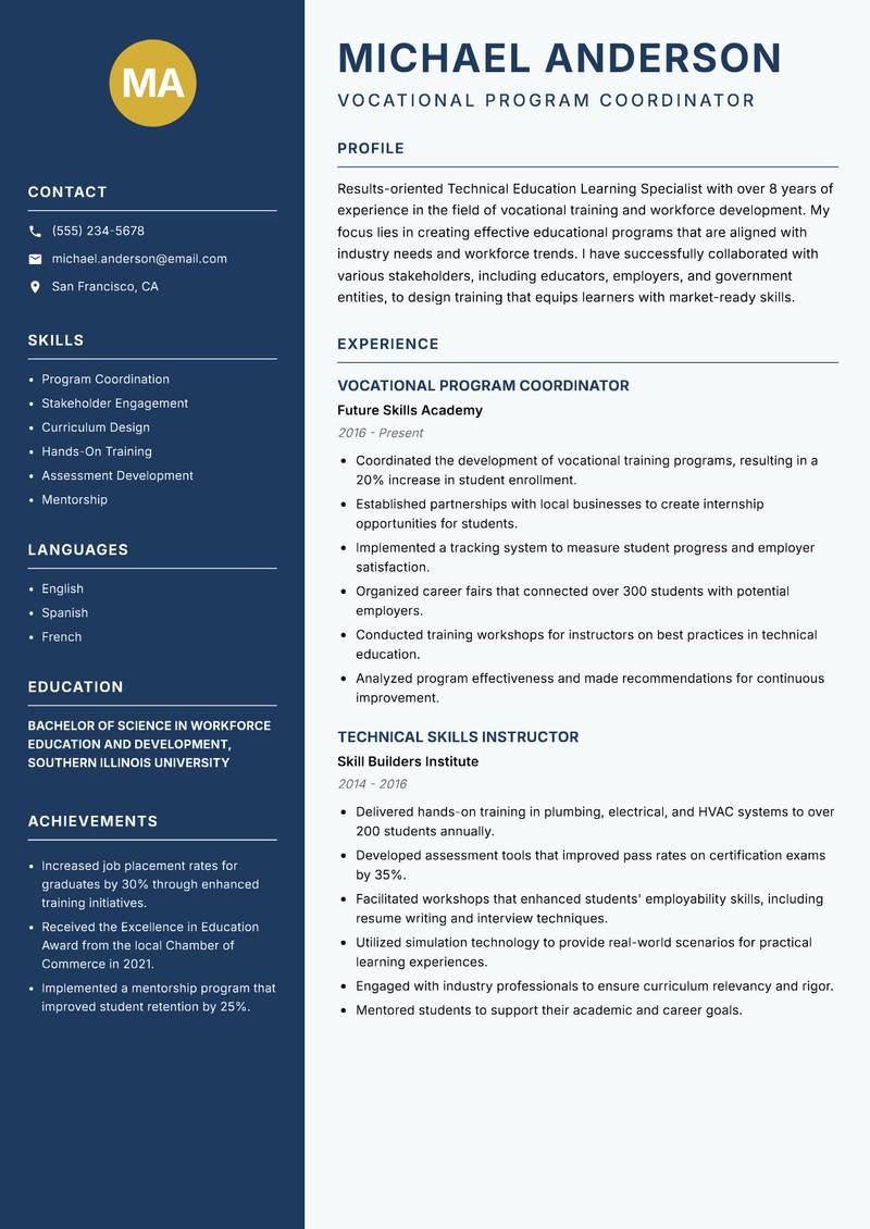 Technical Education Learning Specialist resume template — Classic Clean