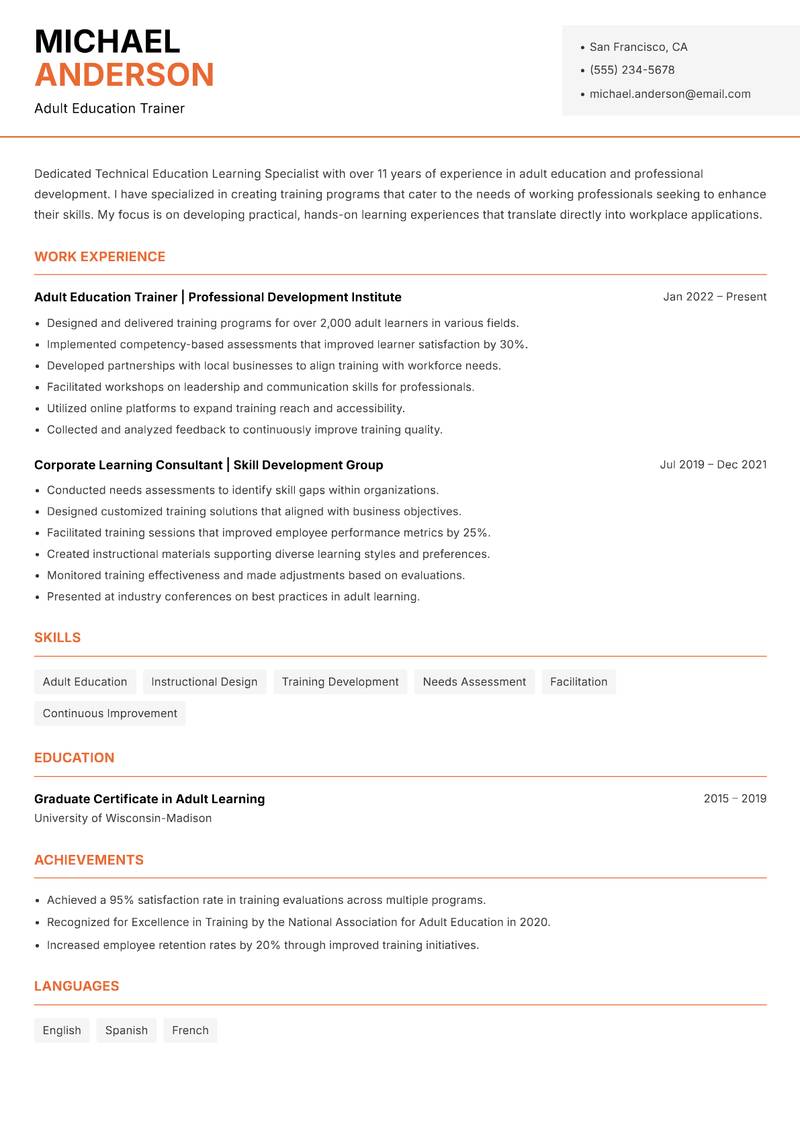 Technical Education Learning Specialist resume template — Modern Professional