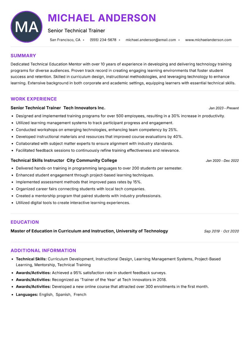 Technical Education Mentor resume example — ATS-friendly template