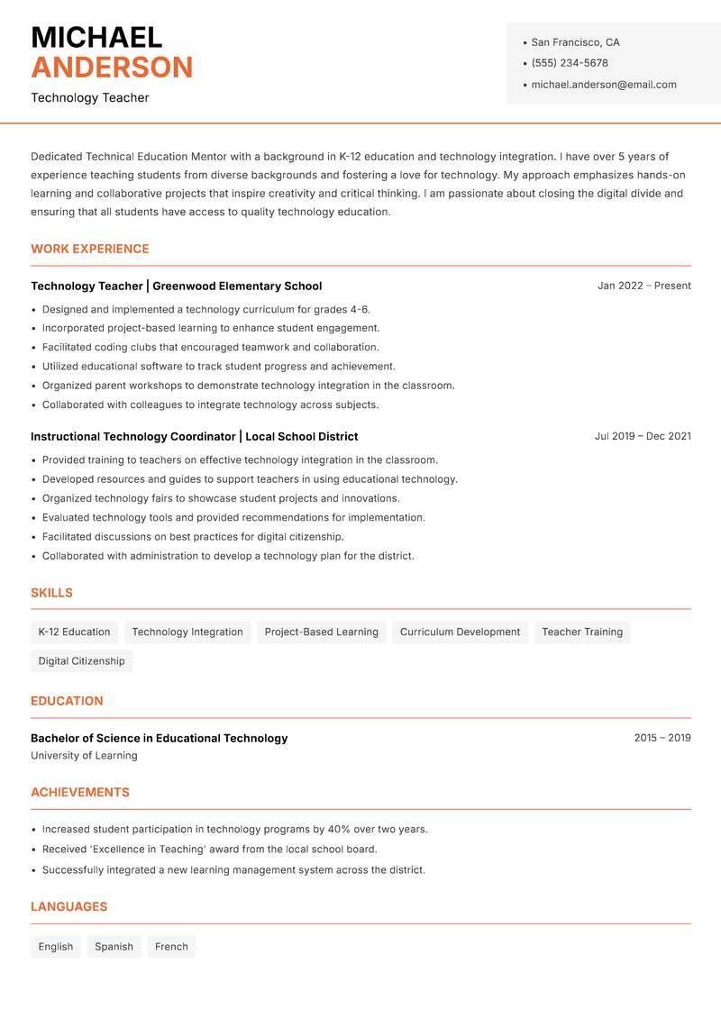 Technical Education Mentor resume template — Modern Professional