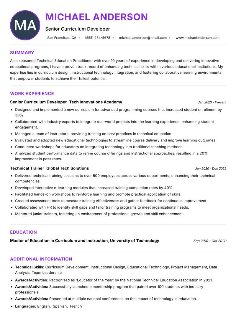 Technical Education Practitioner resume example — ATS-friendly template