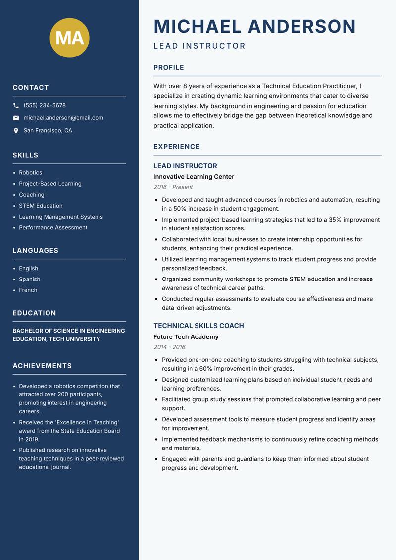 Technical Education Practitioner resume template — Classic Clean