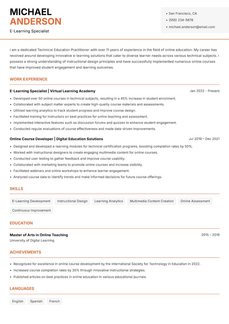 Technical Education Practitioner resume template — Modern Professional