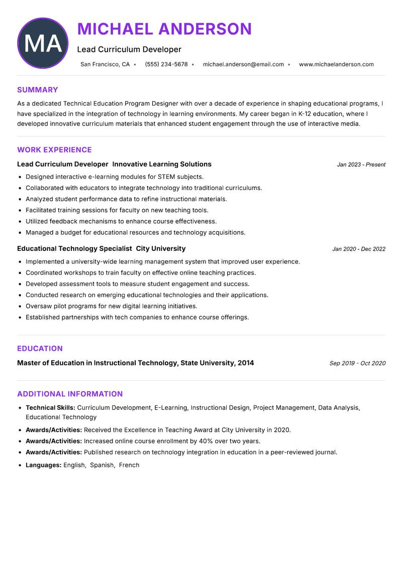 Technical Education Program Designer resume example — ATS-friendly template