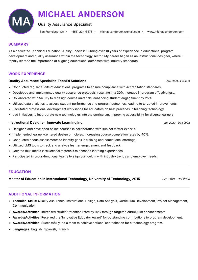 Technical Education Quality Specialist resume example — ATS-friendly template
