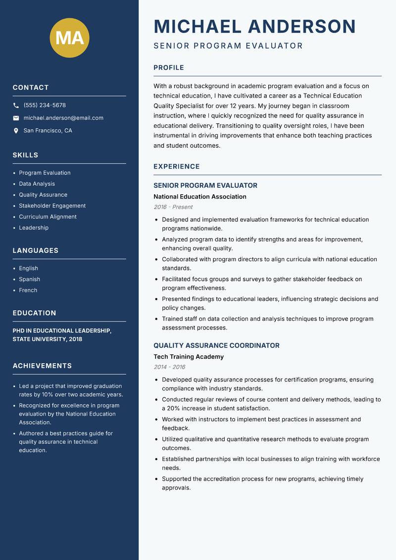 Technical Education Quality Specialist resume template — Classic Clean