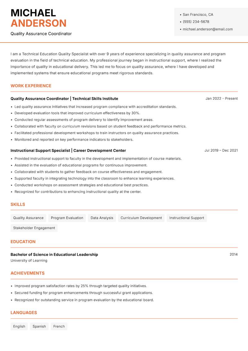 Technical Education Quality Specialist resume template — Modern Professional
