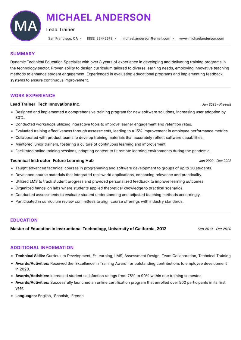 Technical Education Specialist resume example — ATS-friendly template
