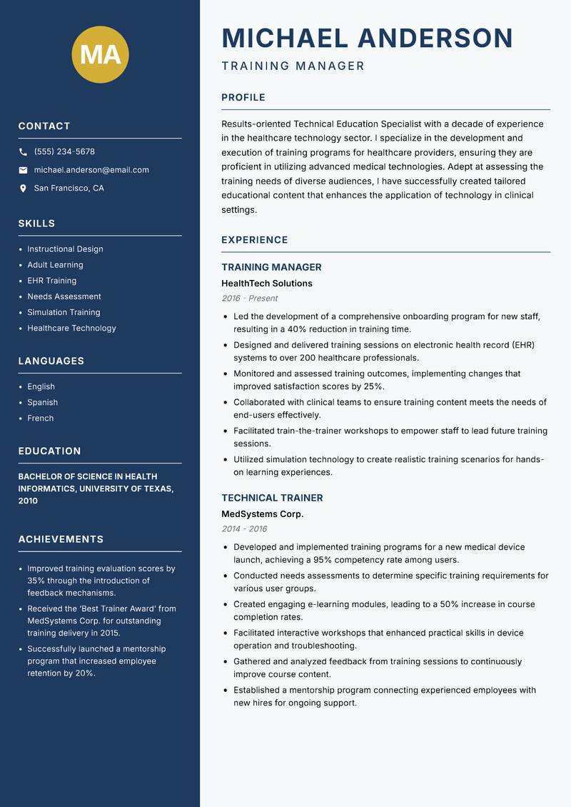 Technical Education Specialist resume template — Classic Clean