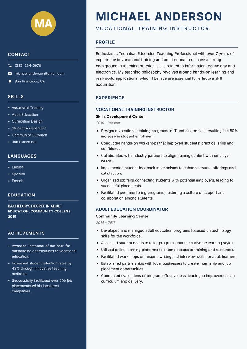 Technical Education Teaching Professional resume template — Classic Clean