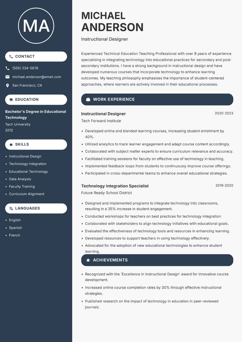 Technical Education Teaching Professional resume template — Compact