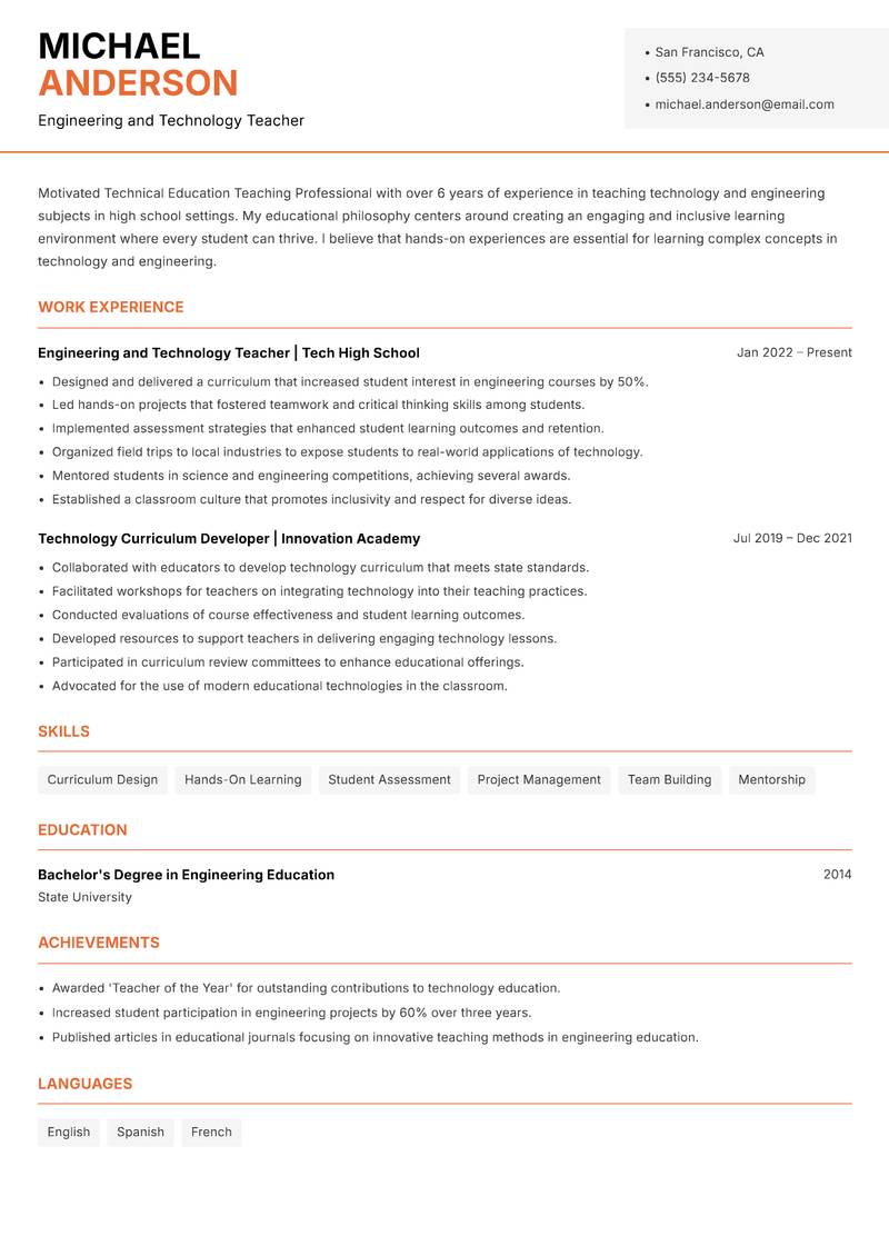 Technical Education Teaching Professional resume template — Modern Professional