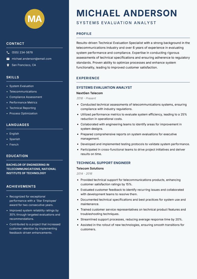 Technical Evaluation Specialist resume template — Classic Clean