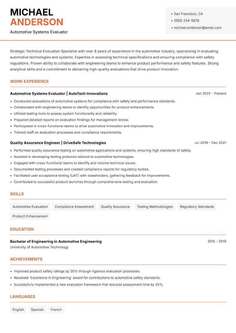 Technical Evaluation Specialist resume template — Modern Professional