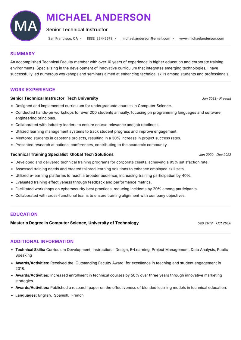 Technical Faculty resume example — ATS-friendly template