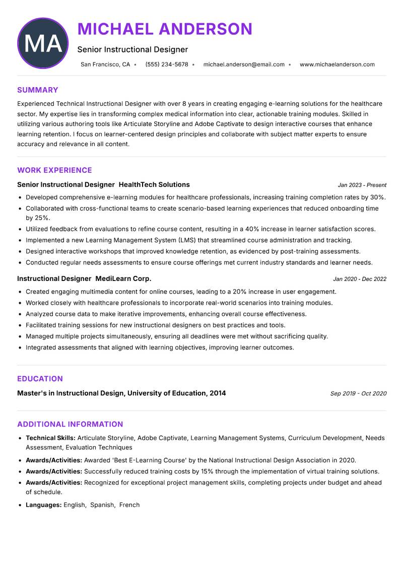 Technical Instructional Designer resume example — ATS-friendly template