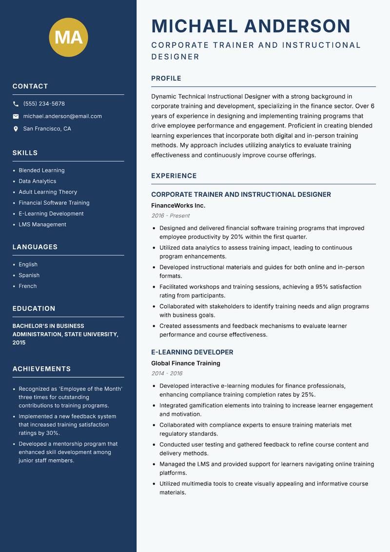 Technical Instructional Designer resume template — Classic Clean