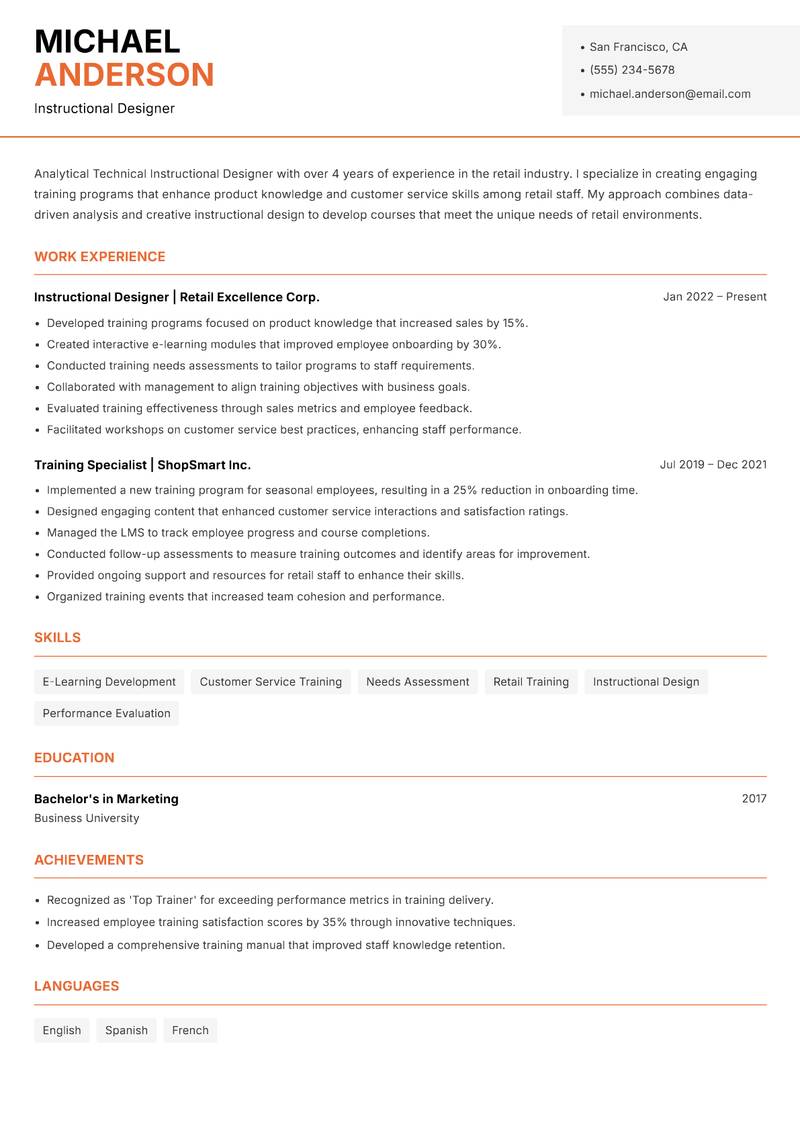 Technical Instructional Designer resume template — Modern Professional