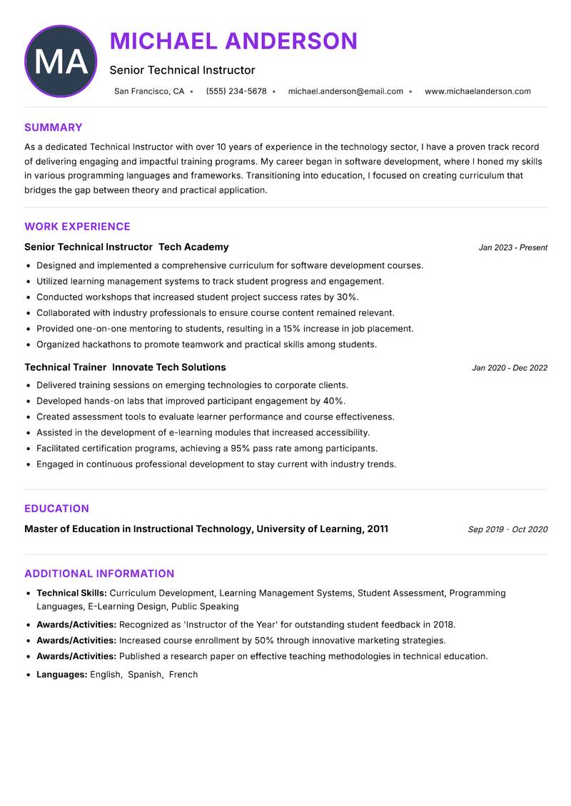 Technical Instructor resume example — ATS-friendly template
