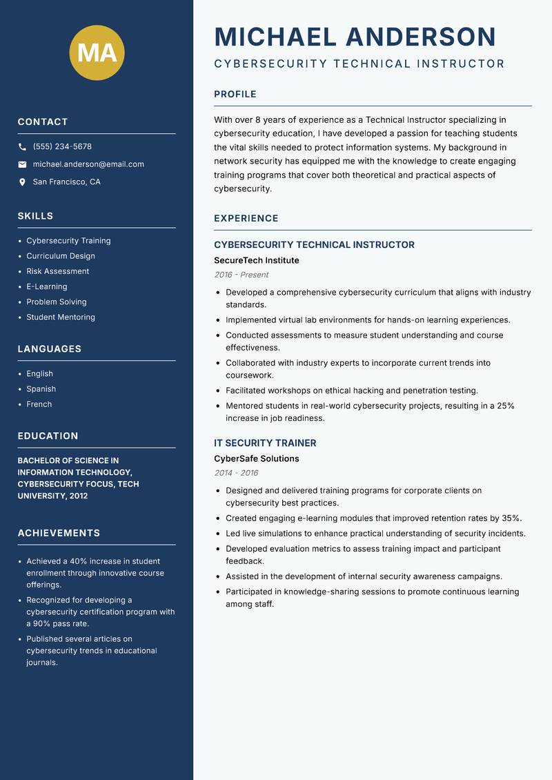 Technical Instructor resume template — Classic Clean