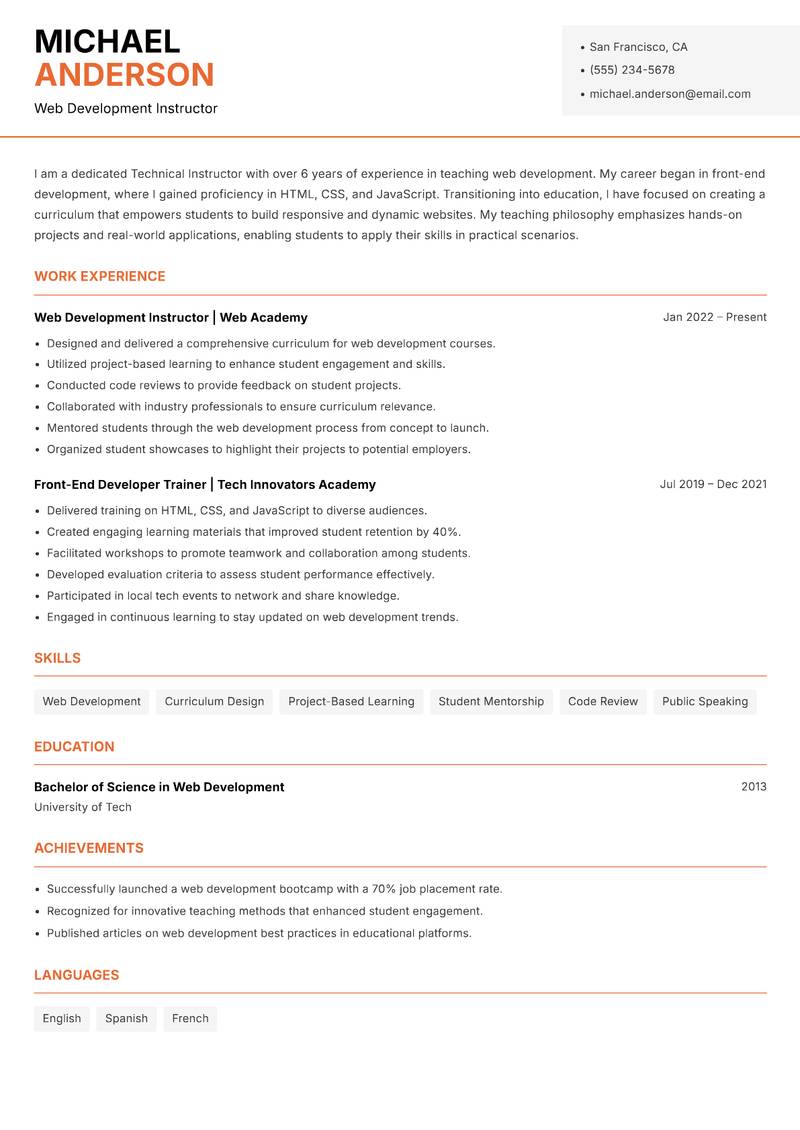 Technical Instructor resume template — Modern Professional