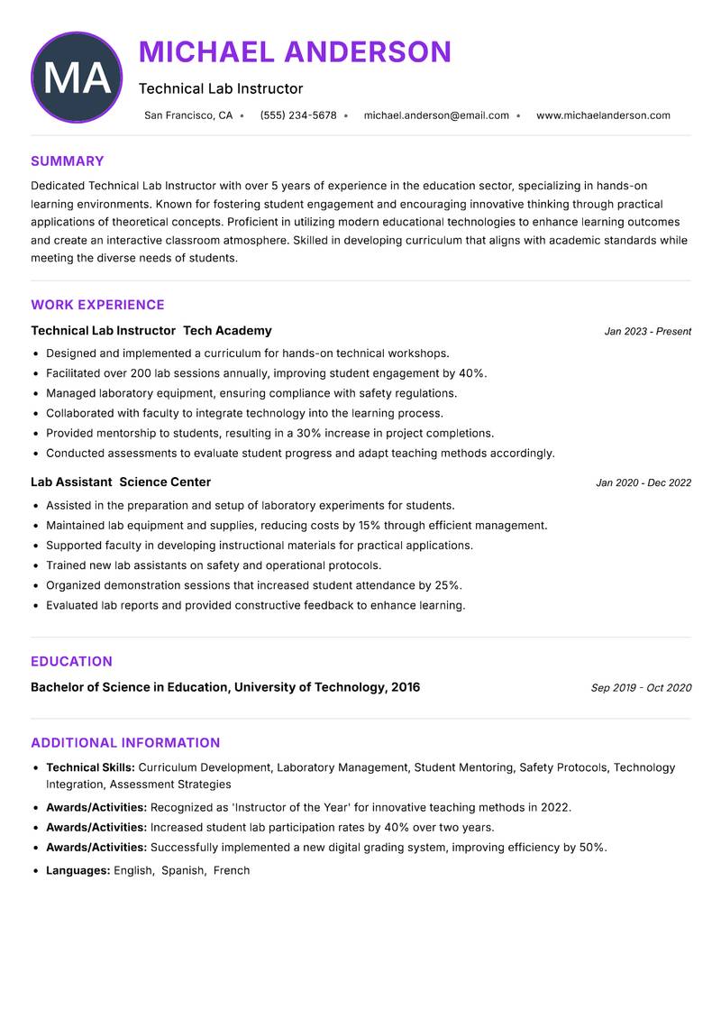 Technical Lab Instructor resume example — ATS-friendly template