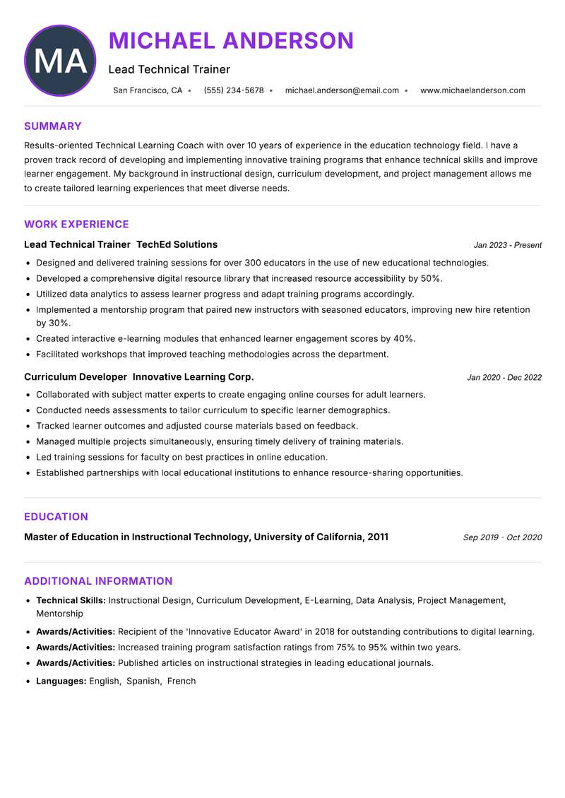 Technical Learning Coach resume example — ATS-friendly template