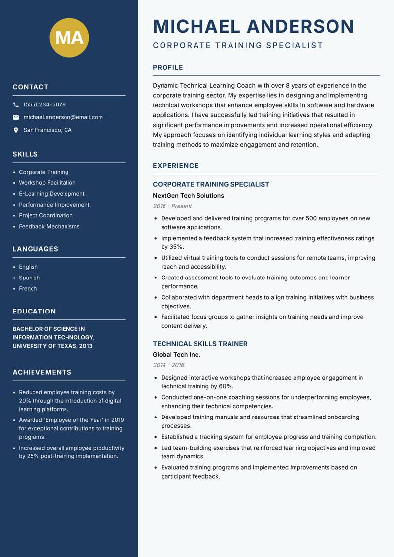 Technical Learning Coach resume template — Classic Clean