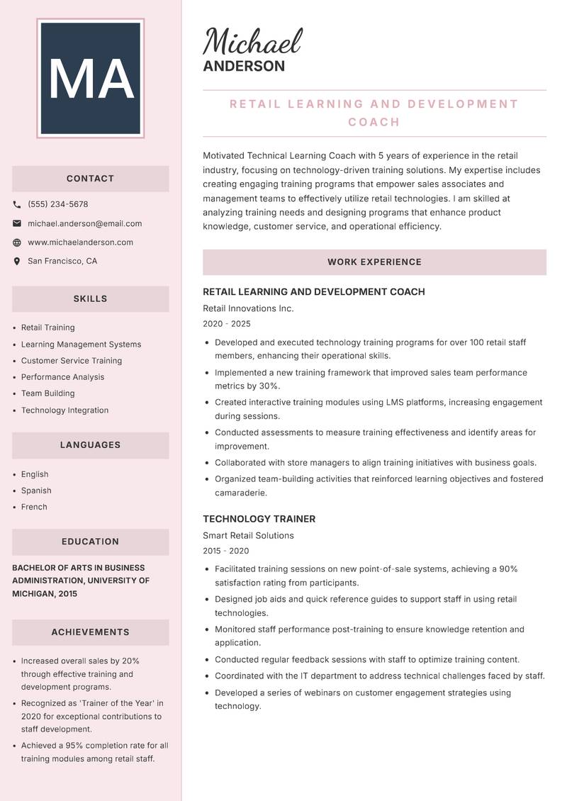 Technical Learning Coach resume template — Executive