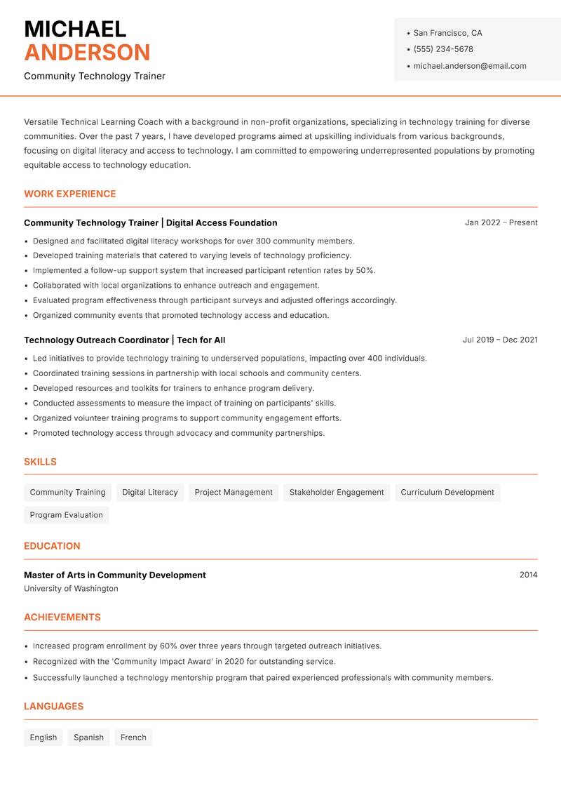 Technical Learning Coach resume template — Modern Professional