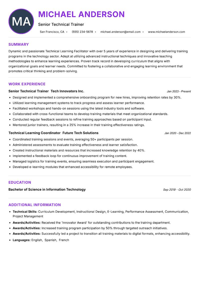 Technical Learning Facilitator resume example — ATS-friendly template