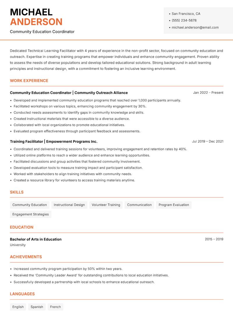 Technical Learning Facilitator resume template — Modern Professional