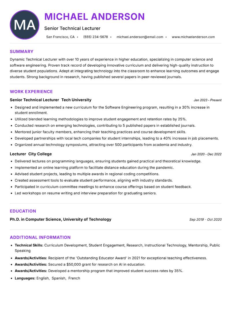 Technical Lecturer resume example — ATS-friendly template