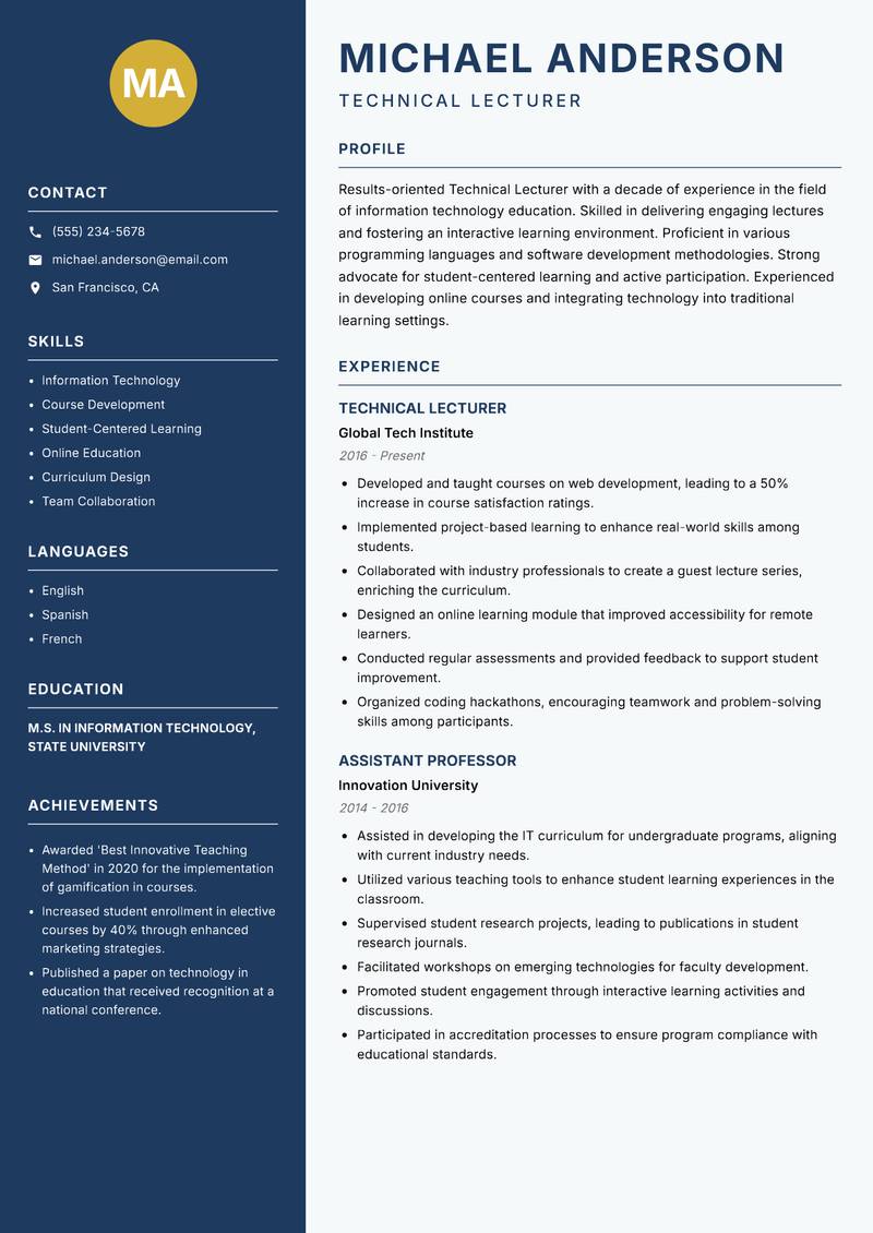 Technical Lecturer resume template — Classic Clean