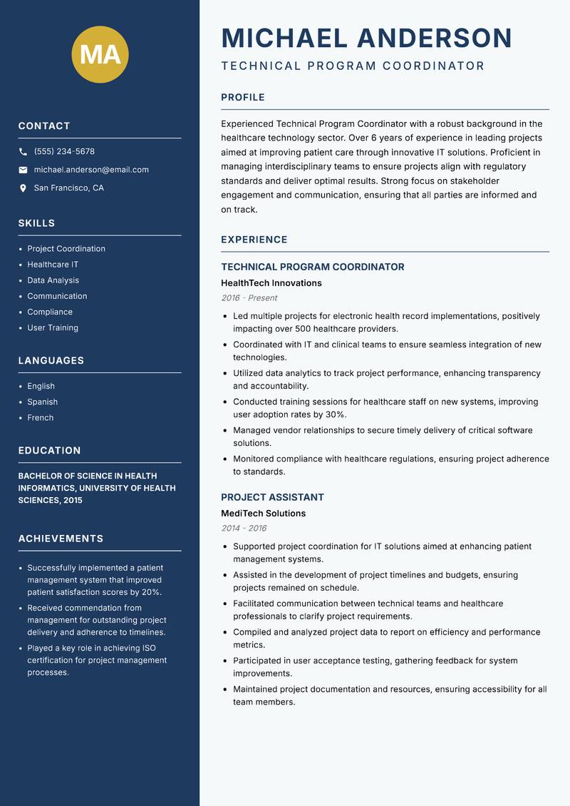 Technical Program Coordinator resume template — Classic Clean