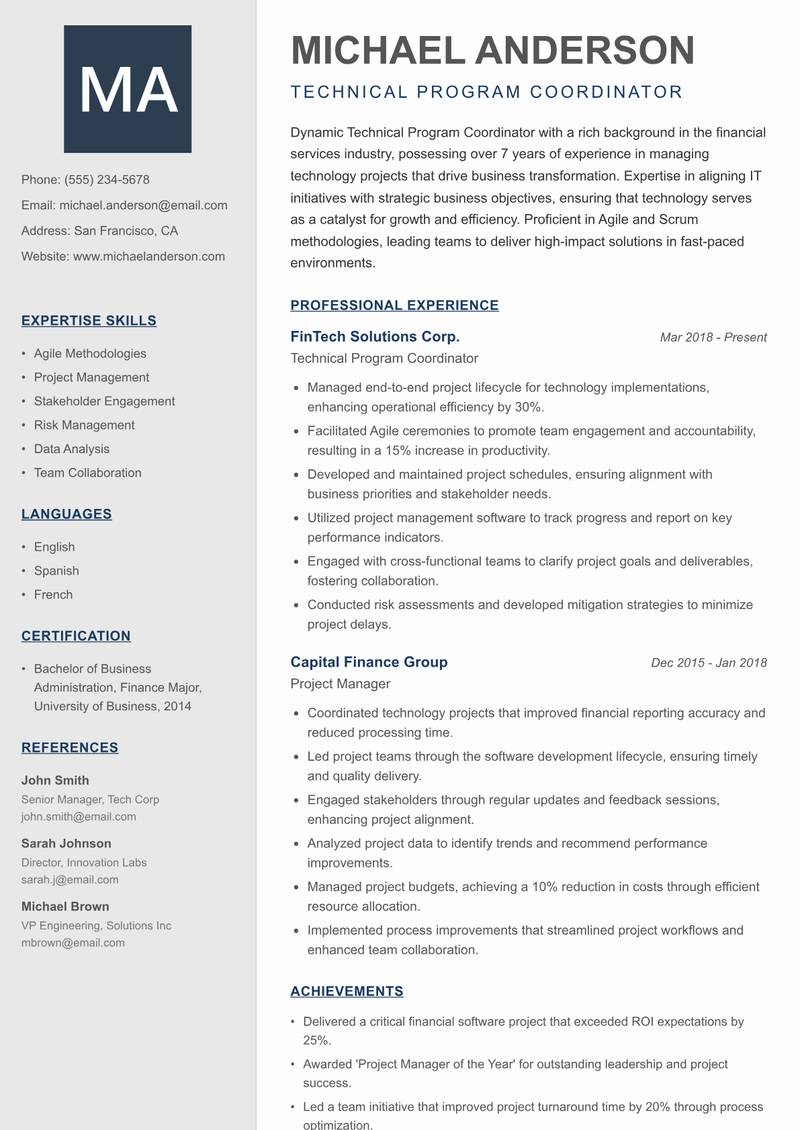 Technical Program Coordinator resume template — Creative Minimal