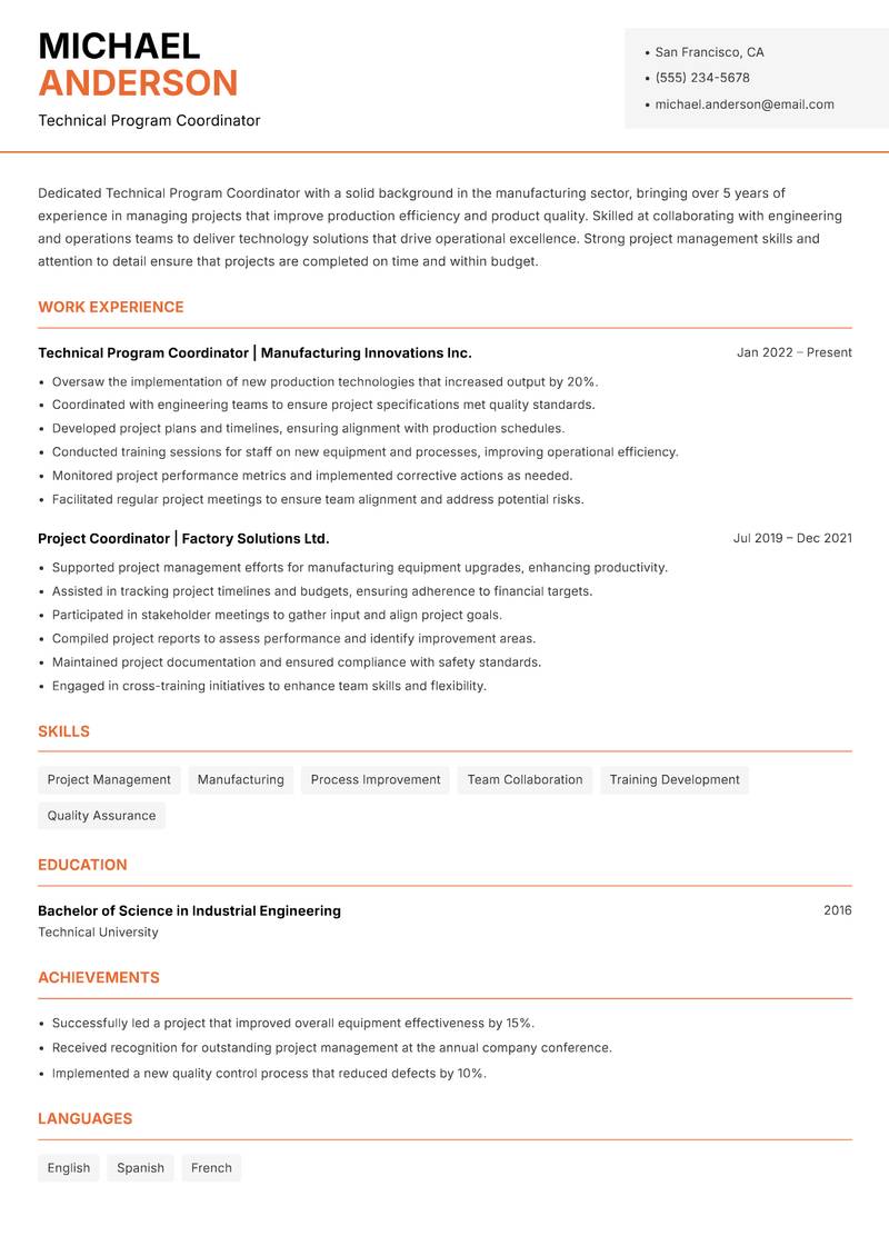 Technical Program Coordinator resume template — Modern Professional